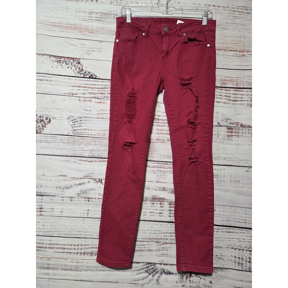 VIP Jeans Womens 9/10 Burgundy Distressed Skinny Jeans Ripped Stretch Denim